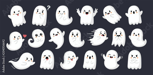 Cute kawaii ghost characters showing different emotions and expressions. Adorable Halloween cartoon ghost set featuring happy, surprised, confused, angry, and playful ghosts.