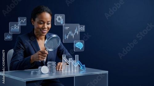 Black Businesswoman Analyzing Financial Data with Magnifying Glass and Virtual Charts in Dark Blue Studio