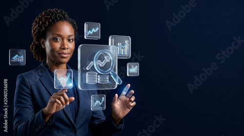 African American Businesswoman Interacting with Floating Financial Chart Icons on Dark Blue Background Photography