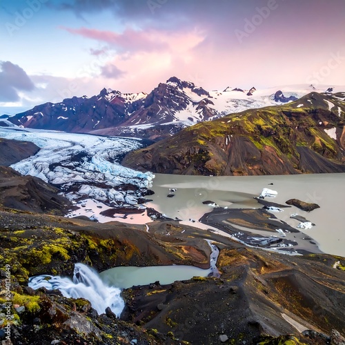 Majestic mountain lake with autumn foliage and snow peaks.
