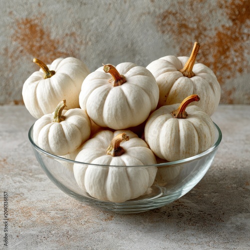 Close-up of a collection of small white pumpkins in a clear glass bowl on a minimalist concrete table