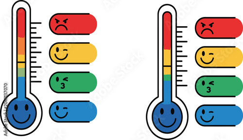 Emoticon thermometer showing mood levels with colorful rating bars for customer satisfaction or stress management thermometer emoticon satisfaction feedback emotions measurement colorful