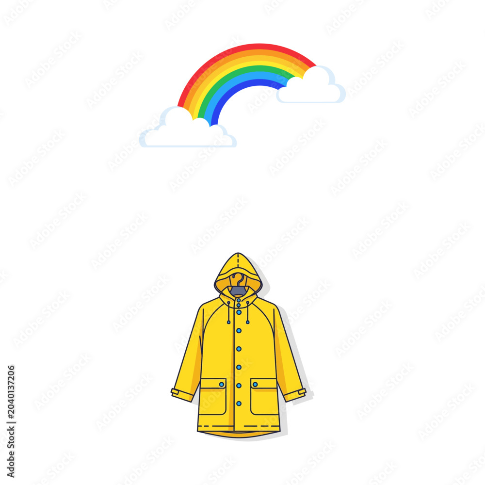 Fototapeta premium Bright yellow raincoat and a vibrant rainbow with clouds on a white background