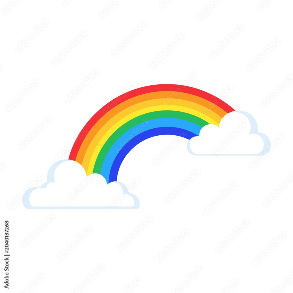 Fototapeta premium A bright and colorful rainbow arching across a clear sky with fluffy white clouds on either side