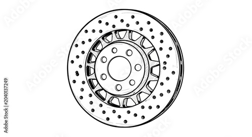 Schilderij op canvas A black and white line art sketch depicts a perforated brake disc rotor on a white background