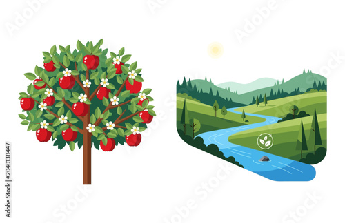 Schilderij op canvas Vector illustration of an apple tree with fruit and a scenic river landscape