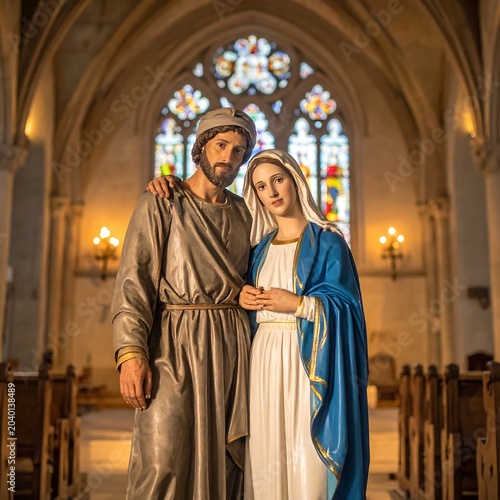 Medieval couple in ornate cathedral interior.
