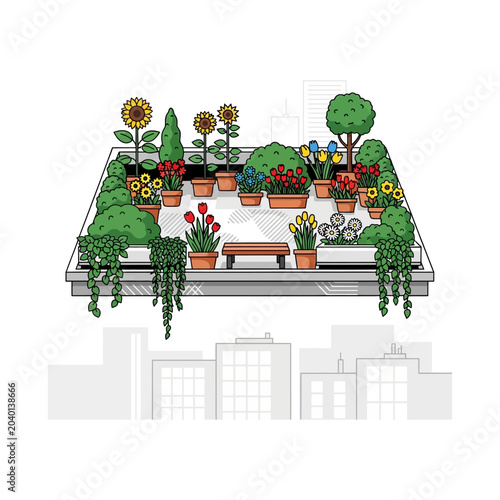 Bild auf Leinwand Urban Rooftop Garden Oasis Lush Greenery and Flowers Amidst City Buildings