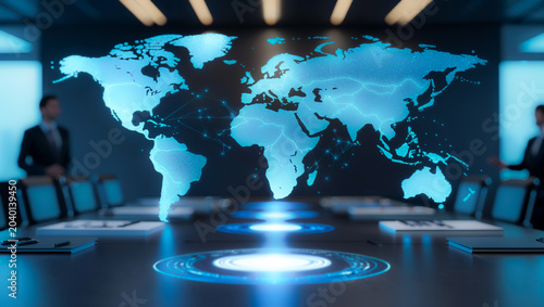 advanced holographic global data network floating above modern boardroom table, futuristic ai powered world map interface, digital communication technology, business intelligence, corporate innovation