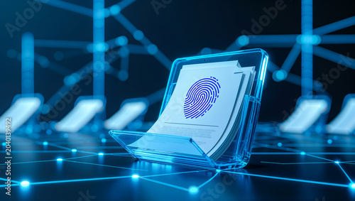 Futuristic cybersecurity and secure digital document storage concept featuring glowing biometric protected confidential files in translucent blue folder with network connections and copy space