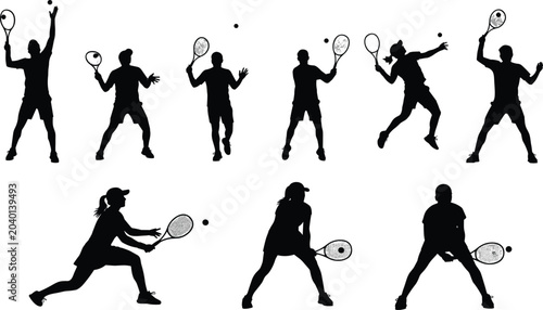 Konstfotografi Silhouettes of tennis players in dynamic action poses with rackets and balls, sh