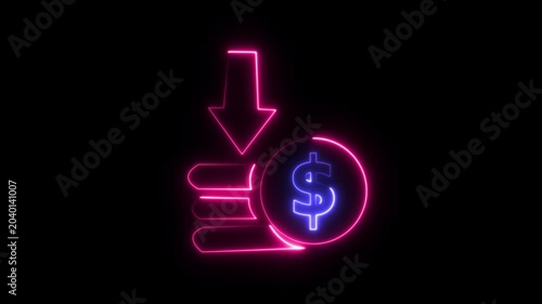 Neon dollar sign arrow pointing down financial loss concept glowing pink blue 4k Animation video on Black Background