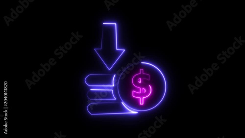 Neon dollar sign arrow pointing down financial loss concept glowing pink blue 4k Animation video on Black Background