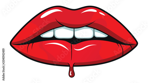 Stylized pop art illustration of bright red lips with a dripping liquid effect isolated on a white background for fashion design