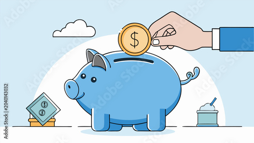 Hand inserting a gold dollar coin into a blue piggy bank as a conceptual illustration of personal finance and savings strategy