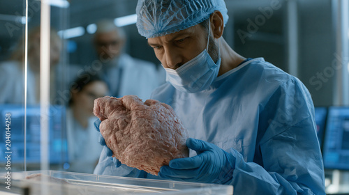 Surgeon in sterile scrubs examines a preserved porcine heart in a translucent preservation chamber inside a transplant research facility, colleagues reviewing compatibility data on monitors behind g