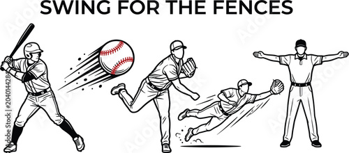 Fotografie Vintage baseball action poses line art vector set, sketch batter, pitcher, field
