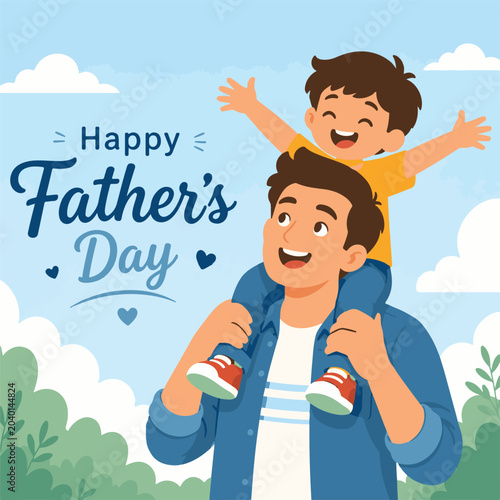 Fun and cheerful Father’s Day illustration showing a happy child sitting on his father’s shoulders. The playful composition represents trust, happiness, and unforgettable family memories.