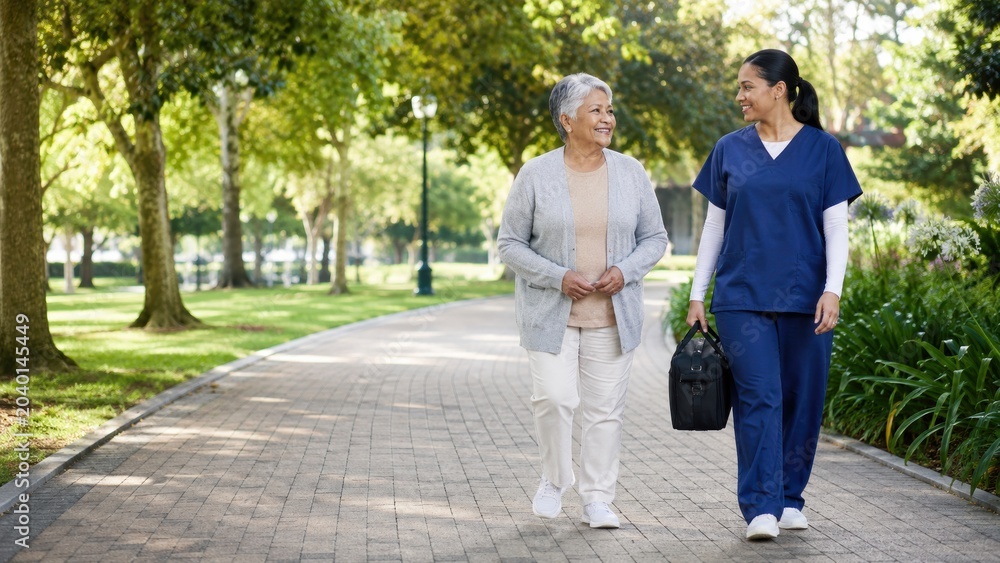 Fototapeta premium Caregiver Supporting Senior Preventive Wellness Walk