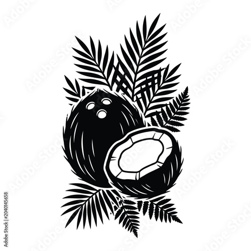 Coconut with palm leaves illustration