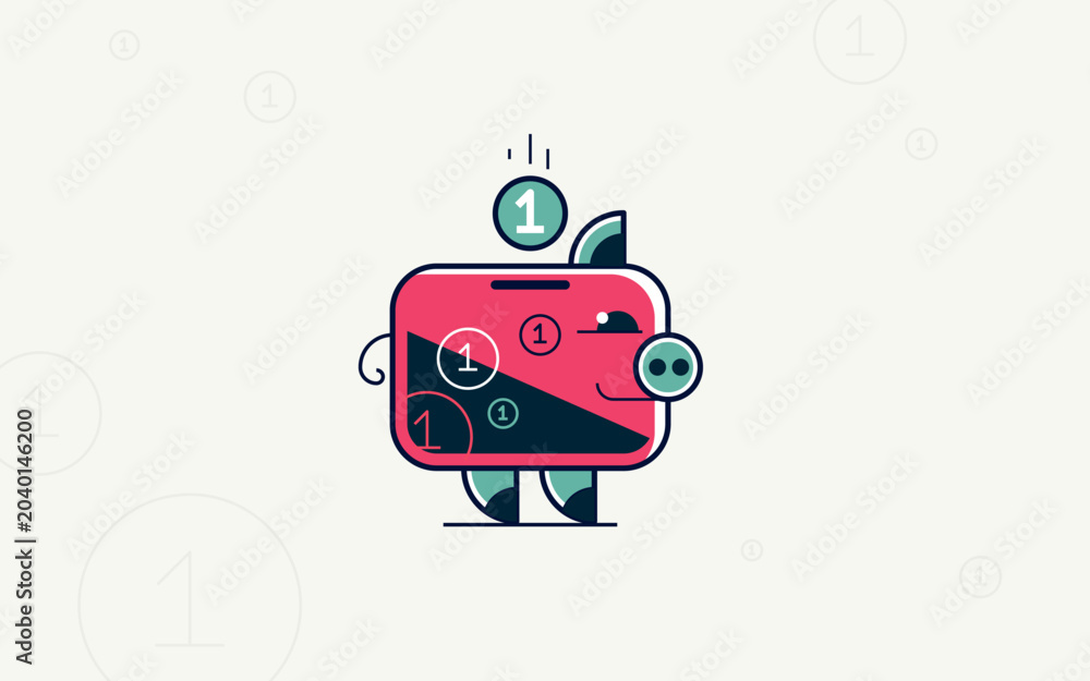 Naklejka premium Piggy bank concept poster, piggybank with coin vector icon style illustration, cute pig flat style.