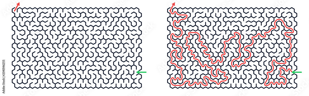 Obraz premium Maze game grid with pathfinding solution in black and red lines 