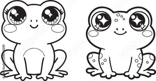 Two Cute Cartoon Frogs with Big Eyes Sitting Side by Side, Black and White Illustration