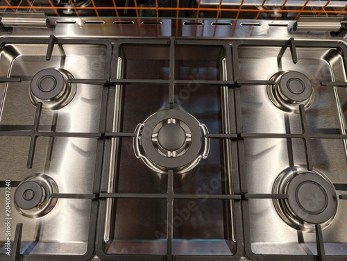 Foto Top view of a new wide five burner gas stove in a store