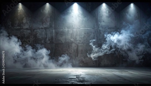 Atmospheric smoke effects illuminated by spotlights on a textured concrete wall and floor.