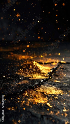 Abstract imagery of golden glitter sprinkled on a cracked dark surface.