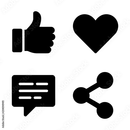 Social media icons, like, heart, chat, and share symbols in black and white