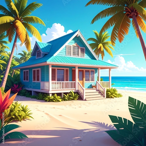Tropical beachfront villa with palm trees and ocean view.