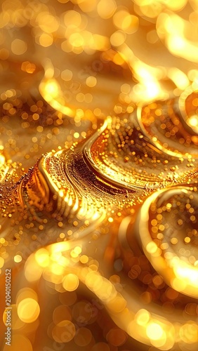Abstract swirling golden liquid with sparkling glitter and bokeh lights.