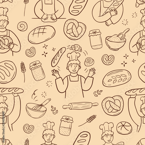 Seamless pattern with hand drawn male bakers and fresh bread on beige background