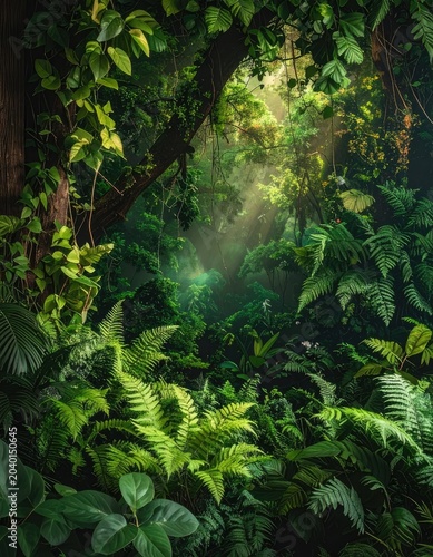 Sunlight filters through a dense, lush jungle canopy, illuminating vibrant green foliage.