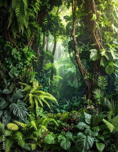 lush jungle canopy with sunlight filtering through the trees.