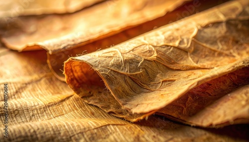 Close-up view of dried tobacco leaves with intricate textures and patterns.