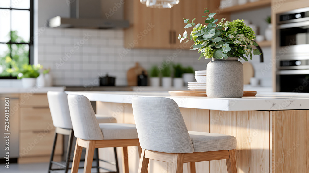 Fototapeta premium Close-up of a modern kitchen showcasing an island with stools, wood cabinets and stainless steel appliances, kitchen decor concept, island stool photography, residential interior