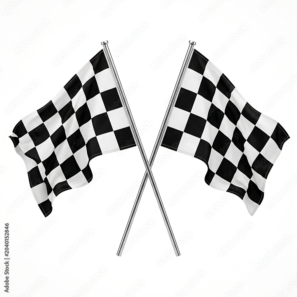 Fototapeta premium Pair of waving checkered racing flags attached to chrome poles against a bright white background graphic