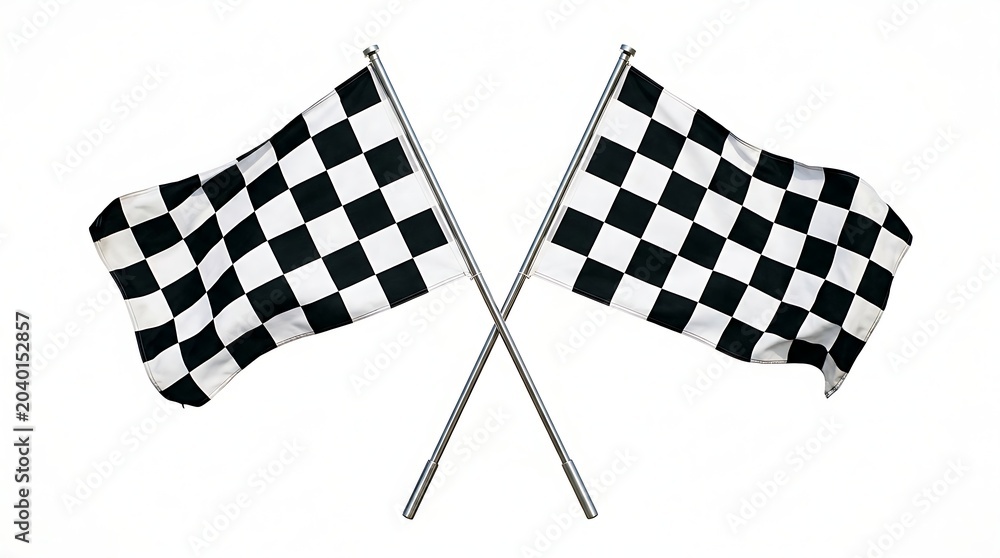 Naklejka premium A pair of crossed motorsport checkered flags showing realistic fabric folds over a solid white backdrop