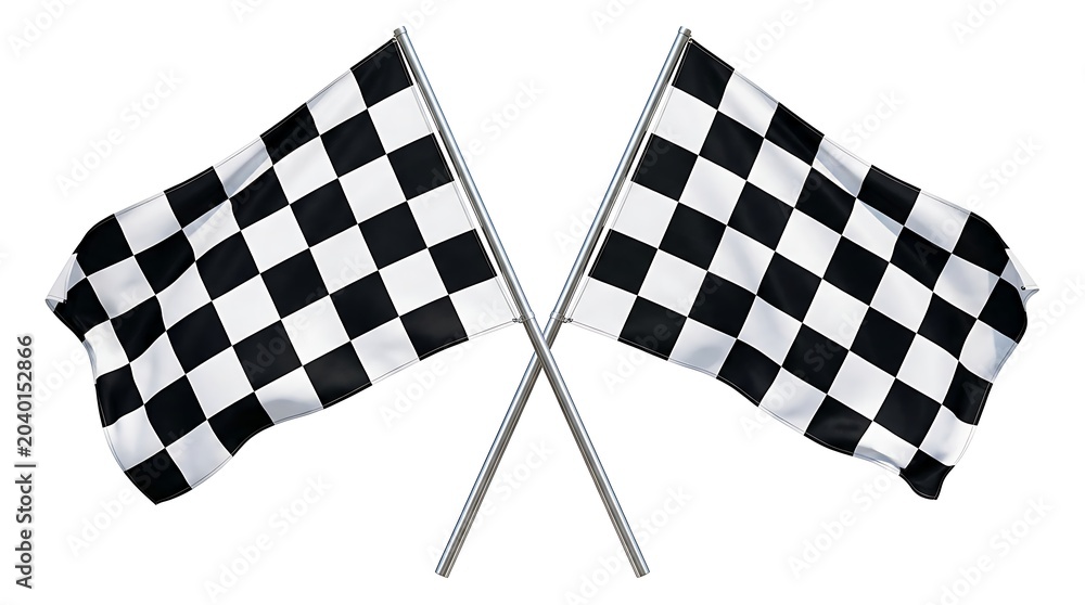 Fototapeta premium Classic black and white checkerboard flags crossed in an X shape isolated on a seamless white background