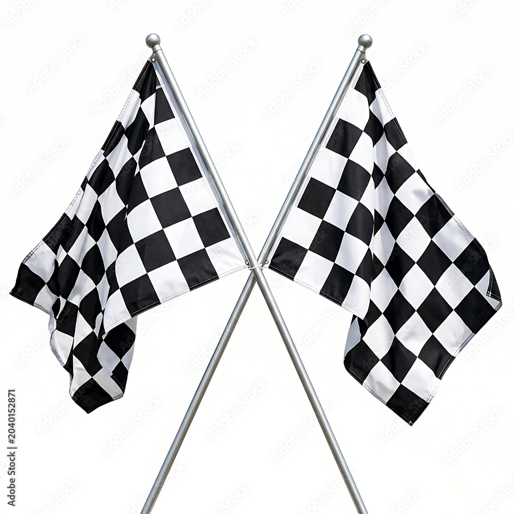 Naklejka premium Two crossed checkered racing flags with metallic poles waving dynamically against an isolated white studio background