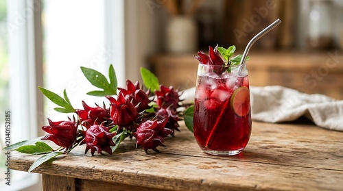 fresh roseley flower jamaica sorrel hibiscus background  
