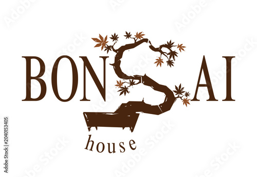 Bonsai house logotype template with small japanese maple in pot