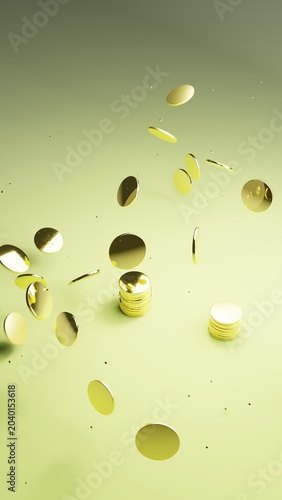 Fotografie Golden currency pieces tumbling over a soft lime surface