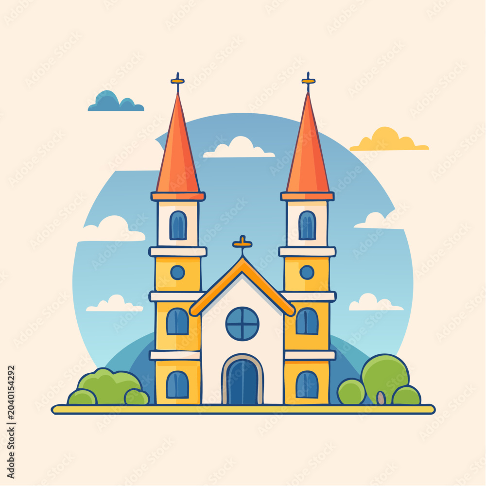 Fototapeta premium Cartoon Church Building with Twin Towers and Cross