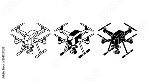 Drone Icons Set: Quadcopter Aerial Photography, Surveillance, Technology, Black and White Vector Illustrations