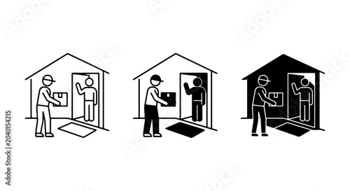 Delivery Icons Set: Courier Delivering Package to House Doorstep, Line Art & Silhouette Styles, E-commerce Logistics