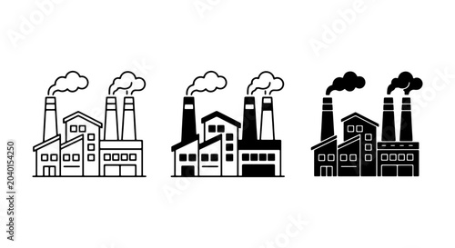 Industrial Factory Icons Set: Manufacturing Plant Symbols, Smokestack Buildings, Pollution Graphics, Vector Illustrations