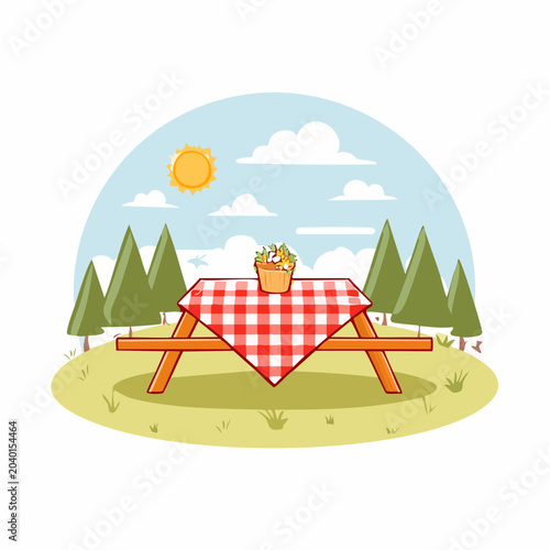 Picnic Table with Red Gingham Cloth in Sunny Park